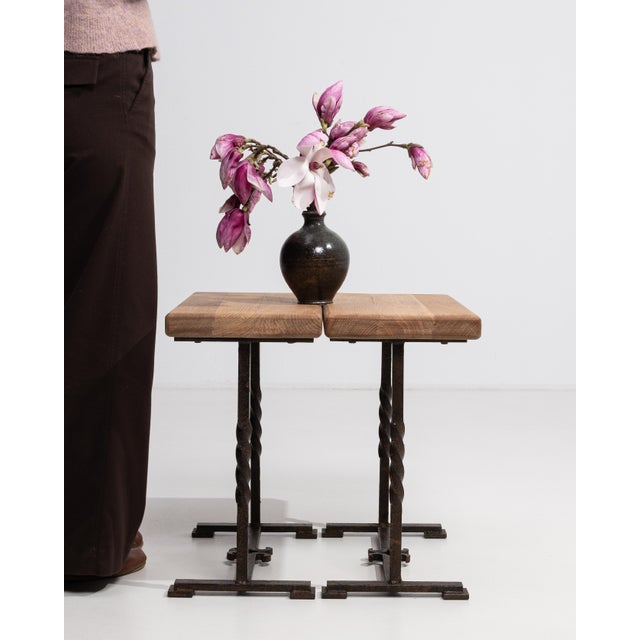 1970s Pair Of Oak Side Tables With Iron Base For Sale - Image 9 of 15