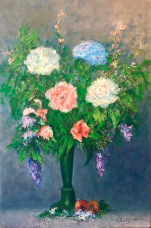 William Schultz, American Impressionist Floral Oil Painting Vibrant Flowers in Vase
