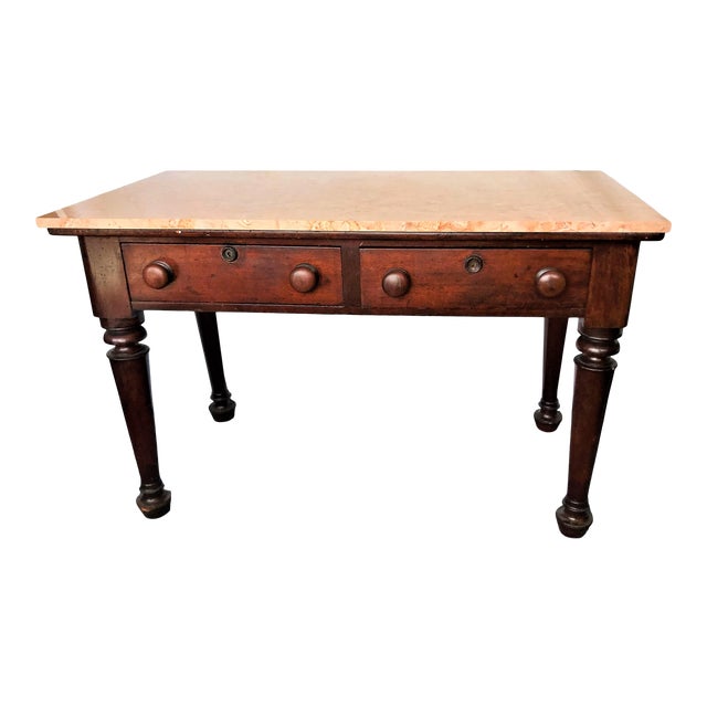 Antique Wood Kitchen Island With Two Drawers and Marble Top Chairish