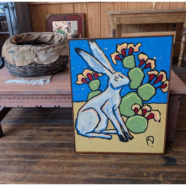 White Rabbit in High Desert Prickly Pear Modern Folk Art Painting For Sale - Image 4 of 7