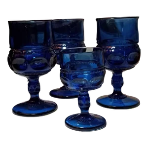 1960s Indiana Glass Kings Crown Cobalt Blue Goblets - Set of 4