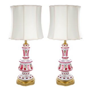 Antique Bohemian Cranberry Crystal, Painted and Gilt Gold Decorated Table Lamp For Sale