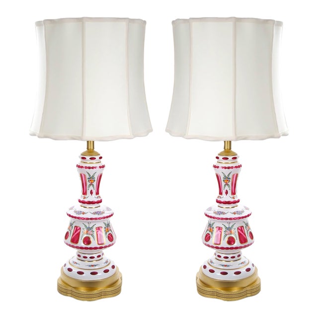Antique Bohemian Cranberry Crystal, Painted and Gilt Gold Decorated Table Lamp For Sale