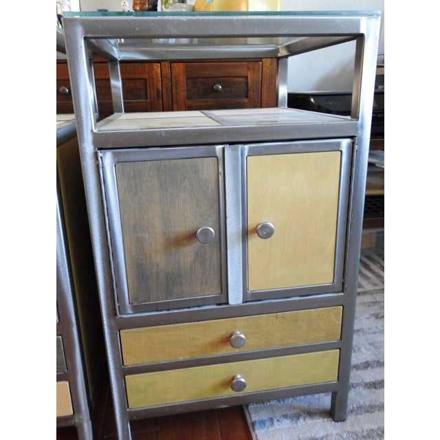 Pair of Venezia Furniture Industrial Modern Steel & Stained Wood Nightstands / End Tables With Glass Tops For Sale - Image 14 of 16