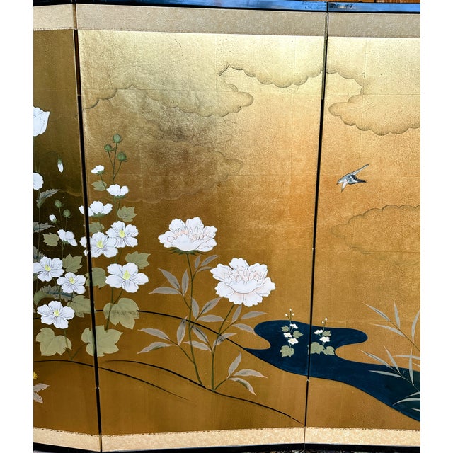 Gold Large Japanese Four-Panel Byobu Folding Screen in the Rinpa Style With Gold Leaf For Sale - Image 8 of 18