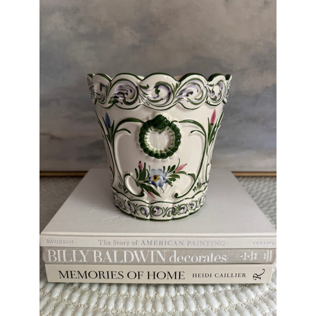 Vintage Portugal RCCL Hand Painted White and Green Floral Scalloped Ceramic Planter. What’s not to love? Scallops, hand...