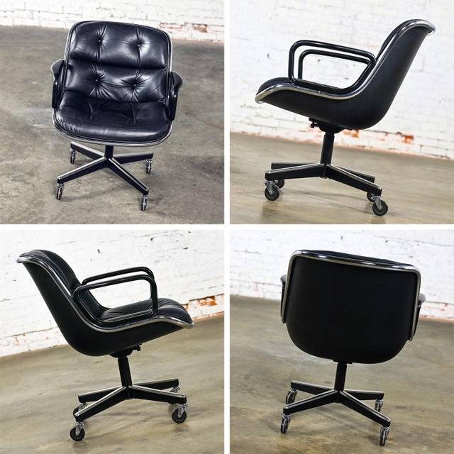 MCM to Modern Set of 10 Executive Armchairs by Charles Pollock for Knoll Black Leather & 4 Prong Swivel Base For Sale - Image 9 of 12