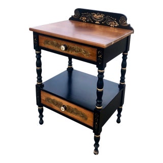 Hitchcock 2 Drawer Nightstand End Table W/Gold Stencils & Porcelain Eagle Drawer Pulls For Sale