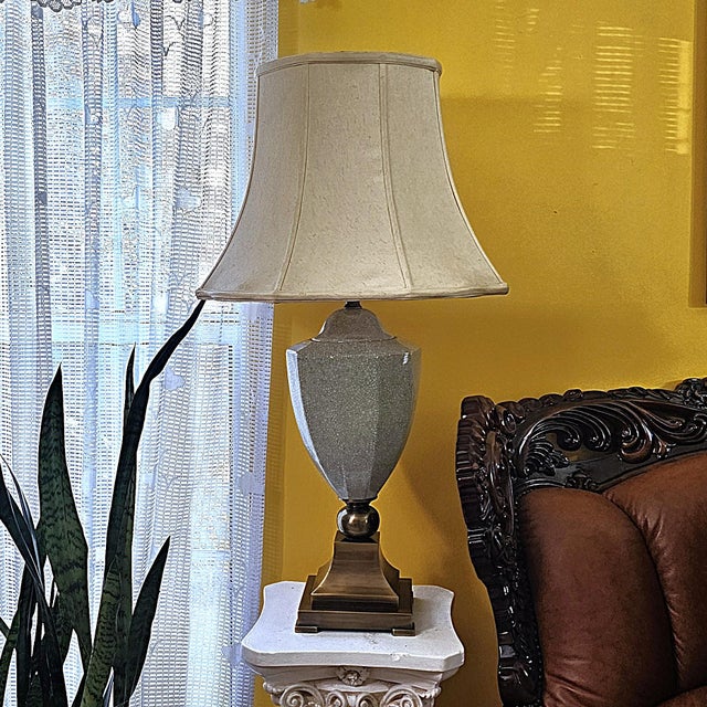 Vintage Crackle Glaze Ceramic Table Lamp on Antiqued Brass Base, Transitional Style For Sale - Image 11 of 18
