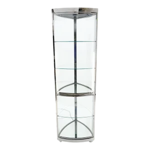 Rounded Triangle Shape Bowed Glass & Chrome Shelves Display Case Vitrine