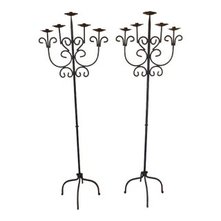 Pair Large Vintage Heavy Black Wrought Iron 5 Arm Floor Candle Holder Candelabras For Sale