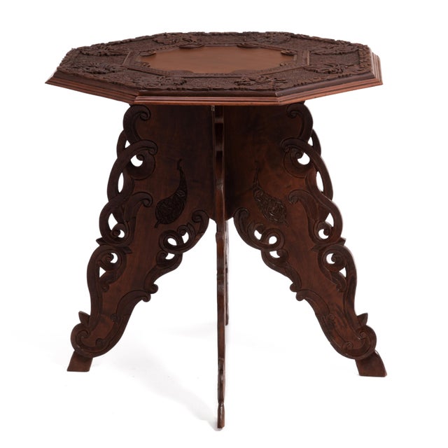 Brown Anglo Indian Intricately Carved Teak Folding Campaign Table Octagon Top For Sale - Image 8 of 17