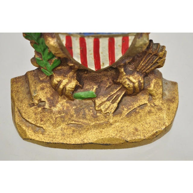 1900 - 1909 Antique Patriotic Cast Iron Figural Gold American Flag & Eagle Painted Door Stop For Sale - Image 5 of 10