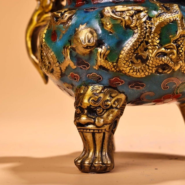 Chinese Pair of Vintage Chinese Cloisonné Enamel & Gilt Bronze Dragon Censers / Incense Burners For Sale - Image 3 of 10