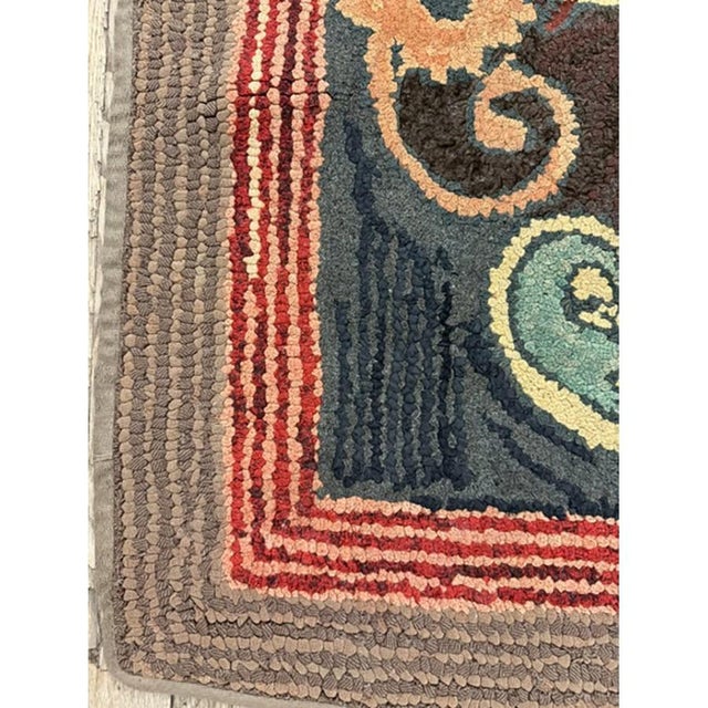 Late 19th Century 1880s Small Traditional Brown Leaves Folk Art Antique American Wool Hooked Rug For Sale - Image 5 of 7
