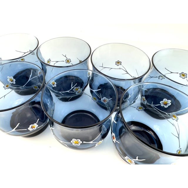 Blue Vintage Organic Modern Blue Glass Floral Tumblers Hand Painted Cocktail Glasses - Set of 8 For Sale - Image 8 of 11