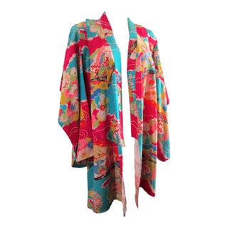 Silk Haori Short Kimono Bright Floral and Fan Damage Hand Made Japan Vintage Late Meiji to Early Showa For Sale