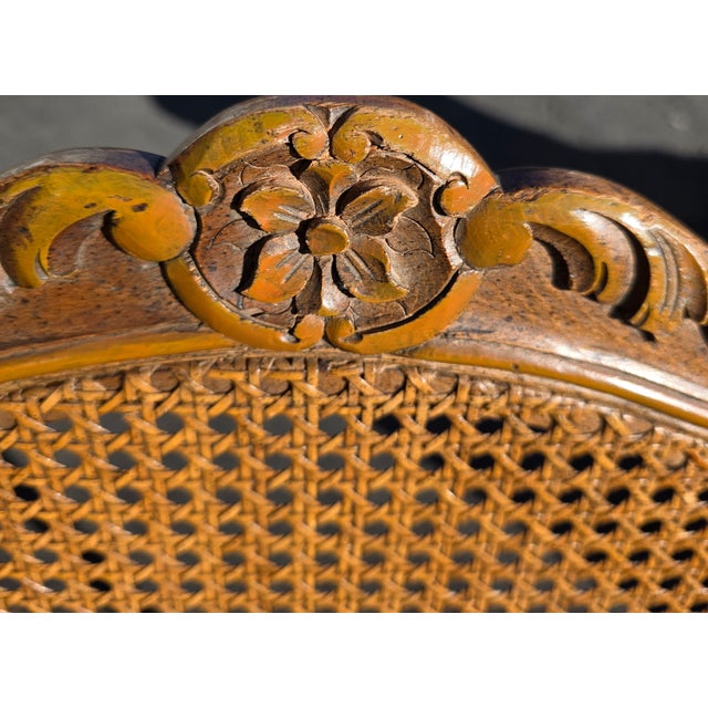 Early 20th Century Pr of Early 20th Century French Louis XV Style Carved Walnut Fauteuils W/Cane Seats & Backs, Original Painted Highlights W/Loose Upholstered Cushions For Sale - Image 5 of 10