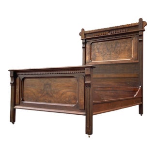 Antique Eastlake Era Victorian Bed Frame in Walnut and Bural For Sale