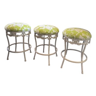 Summer Ivory & Lime Iron Scroll Upholstered Counter Stools (Set of 3) For Sale