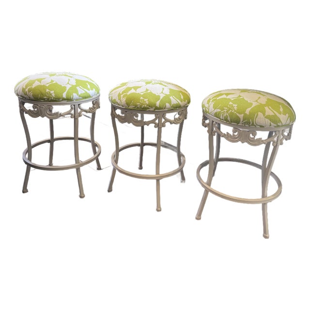 Summer Ivory & Lime Iron Scroll Upholstered Counter Stools (Set of 3) For Sale