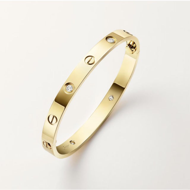Metal Cartier, Love Bracelet Classic Model 4 Diamonds Bangle Bracelet, Size 18 For Sale - Image 7 of 12