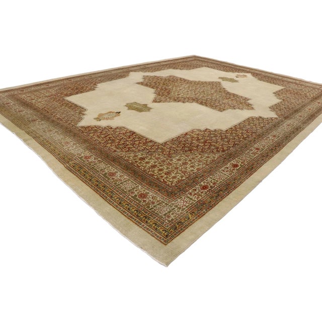 53250 Distressed Antique Persian Tabriz Rug with Modern Rustic Artisan Style 10'09 x 14'03. With ornate details and a...