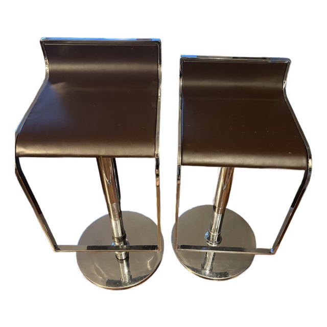 Pair of Faux Leather & Metal Adjustable Bar Stools For Sale