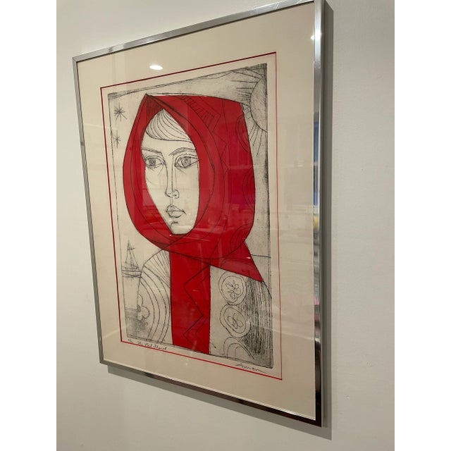 Mid 20th Century "The Red Shawl" Irving Amen Modernist Figurative Numbered Print, Framed For Sale - Image 4 of 8