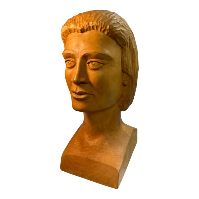 Vintage Hand Carved Wooden Figural Bust For Sale