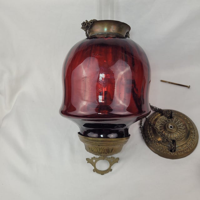 Antique Ruby Red Glass Hanging Oil Lamp Macbeth Pearl Glass Chimney Brass Trim For Sale - Image 11 of 13