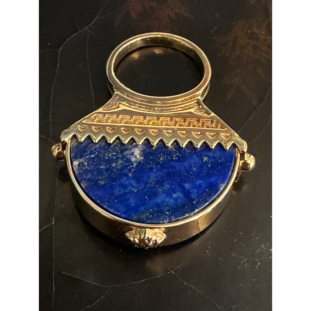 Retro Versace Lapis Lazuli Domed Ring With Medusa Logo and Greek Key Detail, Size 8 For Sale - Image 11 of 17