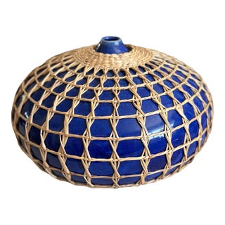 Vintage Seagrass Rattan Wrapped Cobalt Ceramic 12" Pottery For Sale