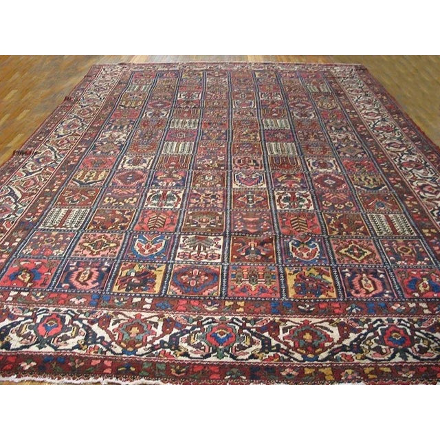 Tribal Masterful Multi Color Ground With Gardens Details in a Geometric Design Antique Persian Bakhtiari Rug For Sale - Image 3 of 8