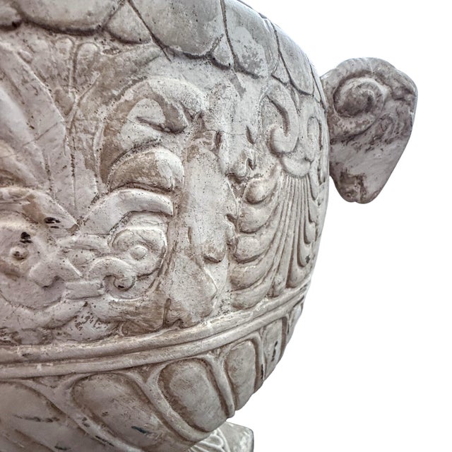 Late 20th Century Large Neoclassical Style Lidded Urn With Ram Head Handles, Aged Stone Finish For Sale - Image 4 of 9