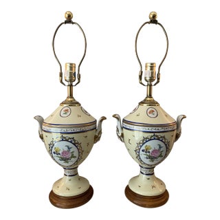 Vintage Late 20th Century Chelsea Style Hand Painted Floral Medallion Urn Style Lamps - a Pair For Sale