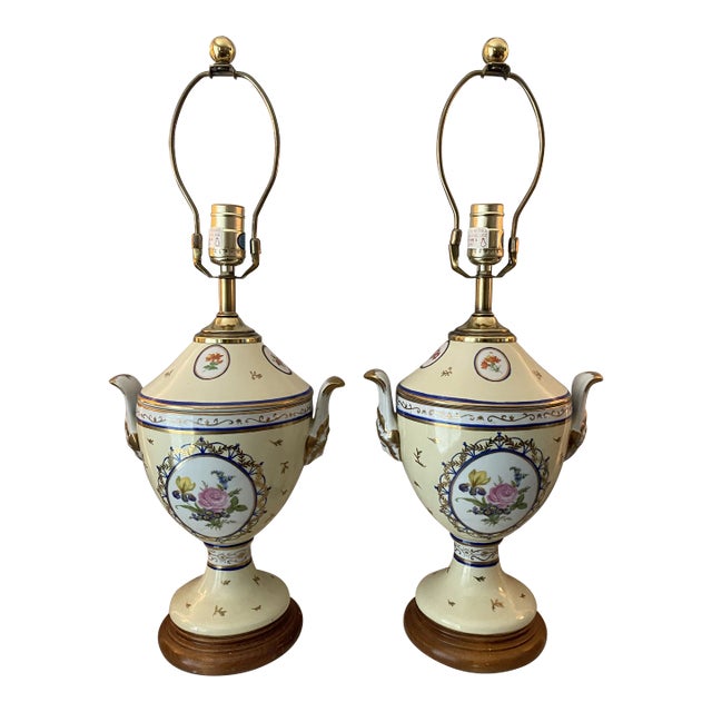 Vintage Late 20th Century Chelsea Style Hand Painted Floral Medallion Urn Style Lamps - a Pair For Sale