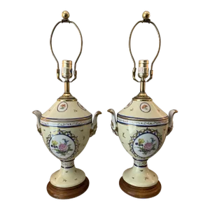 Vintage Late 20th Century Chelsea Style Hand Painted Floral Medallion Urn Style Lamps - a Pair