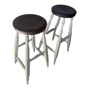 Pair of Hand Made Oak Wood Bar Stools, Gray Painted Base