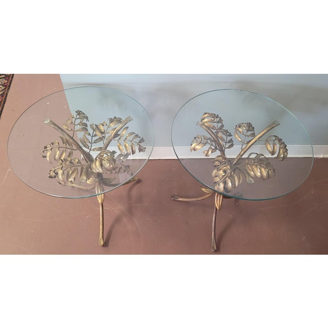 Mid-Century Modern A Pair 1950s Gilt Metal Palm Tree End Tables For Sale - Image 3 of 9