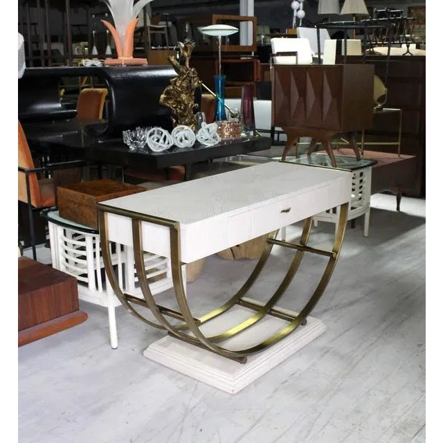 MidCentury Modern White Pickled Oak Finish Brass U Shape Base Console