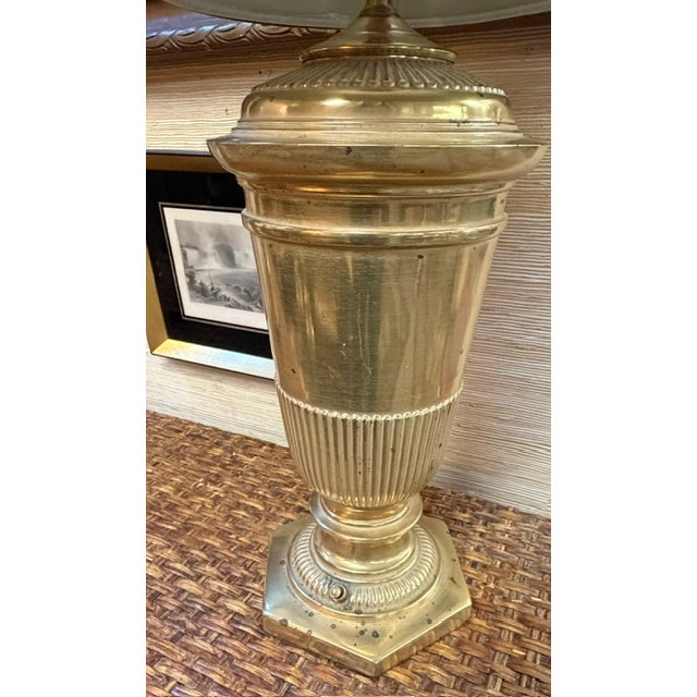 Mid 20th Century Mid Century Brass Urn Lamps With Green Shades For Sale - Image 5 of 9