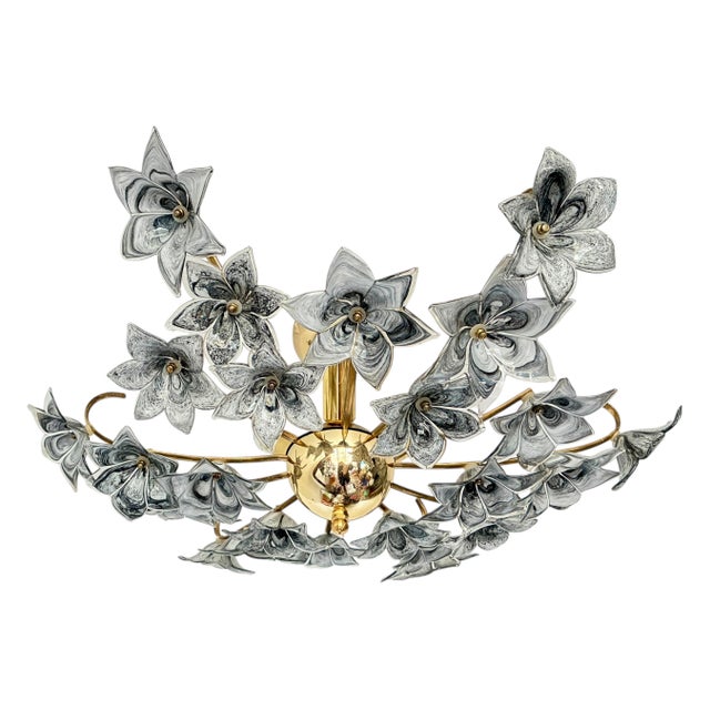 1980s Rare Black Murano Style Glass Floral Chandelier | Gothic Romantic Flush Mount Ceiling Light For Sale - Image 9 of 17