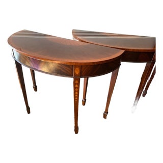 Mid 20th Century Pair of Inlaid Demilune Hepplewhite-Style Console Tables For Sale