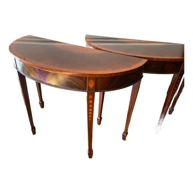 Mid 20th Century Pair of Inlaid Demilune Hepplewhite-Style Console Tables For Sale