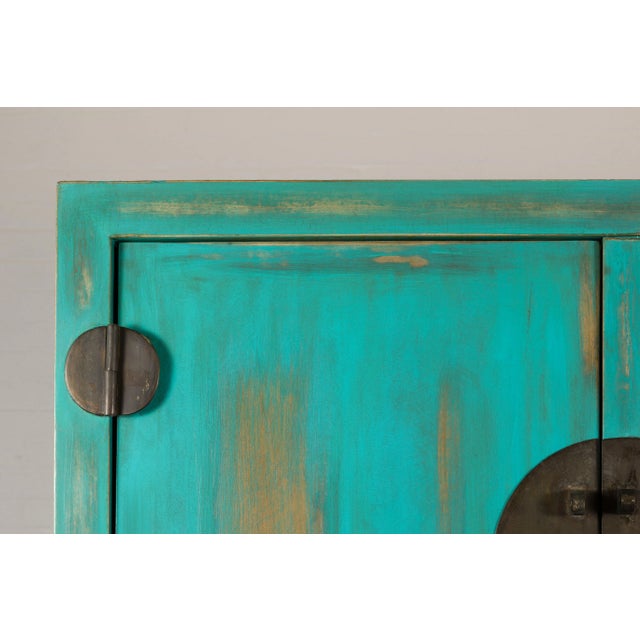 Brown 19th Century Chinese Qing Dynasty Cabinet with Custom Blue Green Lacquer & Carved Apron For Sale - Image 8 of 12