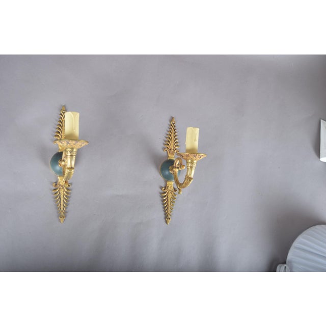 Gilded Brass Scroll-Arm Wall Sconces with Teal Details, 1950s, Set of 2 For Sale - Image 10 of 12