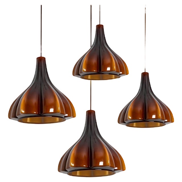 Flower-Shaped Opaque Brown Glass Pendant Lamp from Peill & Putzler, Europe, 1970 For Sale