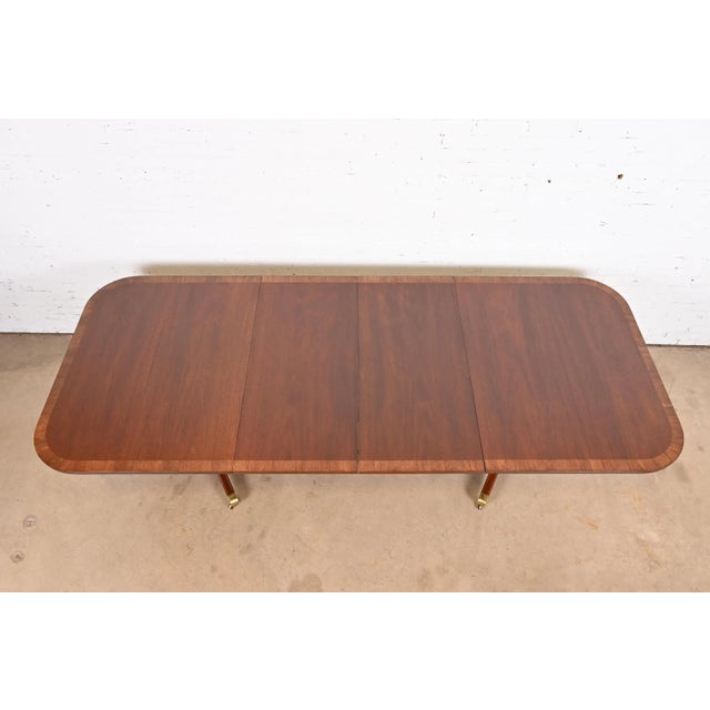 1980s Baker Furniture Style Georgian Banded Mahogany Double Pedestal Extension Dining Table, Newly Refinished For Sale - Image 5 of 12