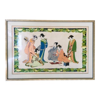 Large Framed Geisha Chinoiserie Embroidered Textile Art For Sale